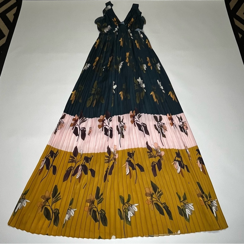 Ted Baker Kaylare Savanna Teal and Yellow Floral Maxi Pleated Dress Size 0 - Picture 9 of 13